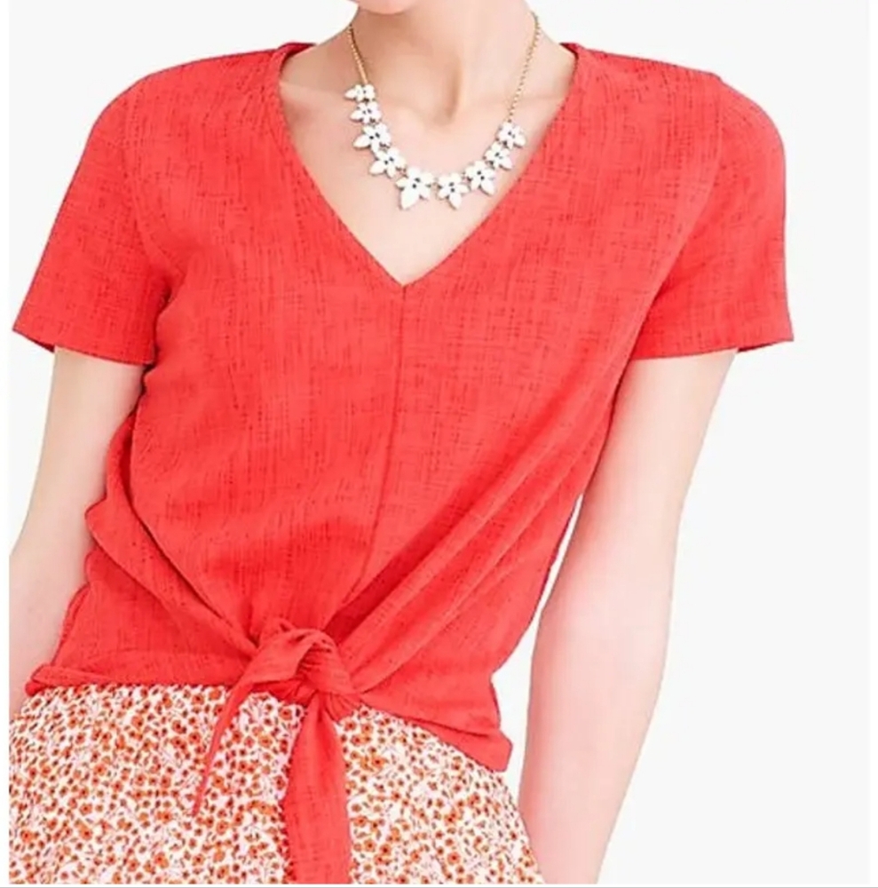 J.Crew Red Textured Tie-Front V-Neck Short Sleeve Top Size S